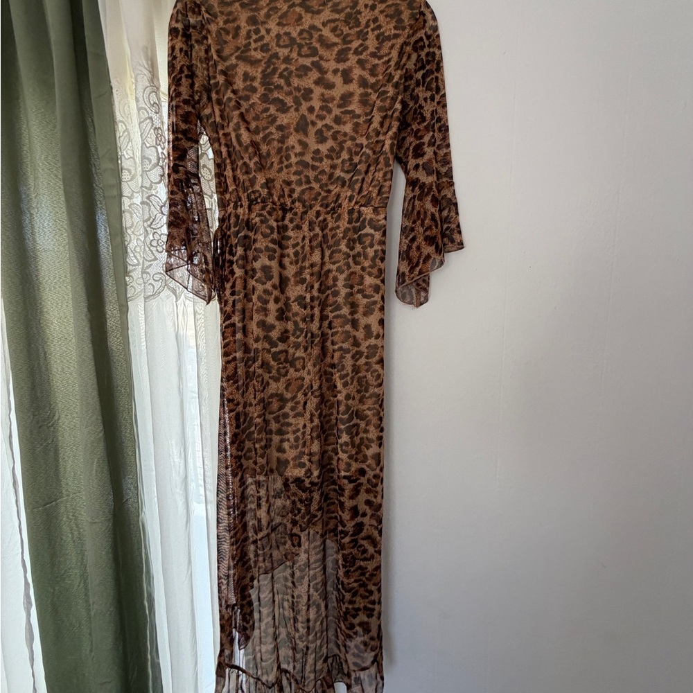 Inspired Hearts Maxi Dress Womens Large Brown Excellent Leopard High Low Mesh - Picture 6 of 6